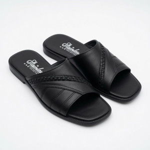 Mens Premium Black Cross Strap Slide Open Toe Sandals